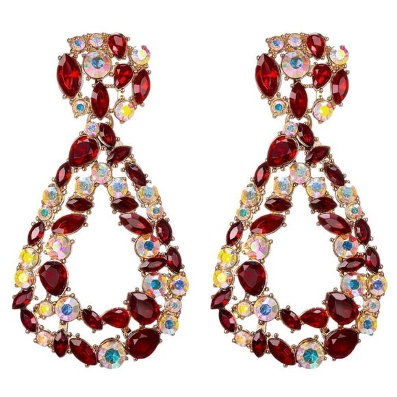 Yellow Gold with Garnet and Iridescent AB Crystal Geometric Teardrop Earrings - Picture 1 of 4